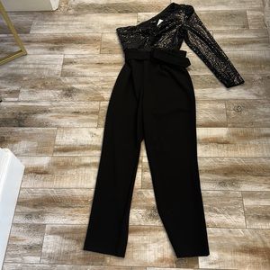 Never worn black sequin top, belted romper- small